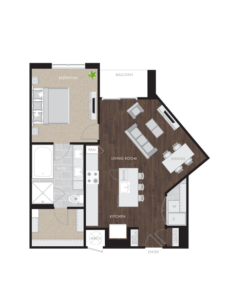 Floor plan for 1 bed, 1 bath, 846 sqft